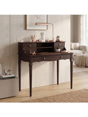 Wooding Mobilya 110 cm 5 Çekmeceli Ceviz Raflı Konik Masif Çalışma Masası