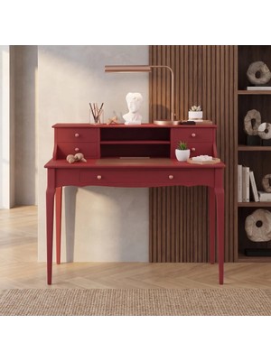 Wooding Mobilya 110 cm 5 Çekmeceli Kırmızı Raflı Konik Masif Çalışma Masası