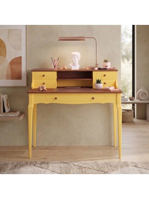 Wooding Mobilya 120 cm 5 Çekmeceli Sarı Ceviz Raflı Konik Masif Çalışma Masası
