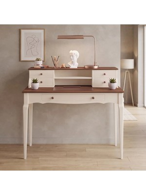 Wooding Mobilya 110 cm 5 Çekmeceli Krem Ceviz Raflı Konik Masif Çalışma Masası