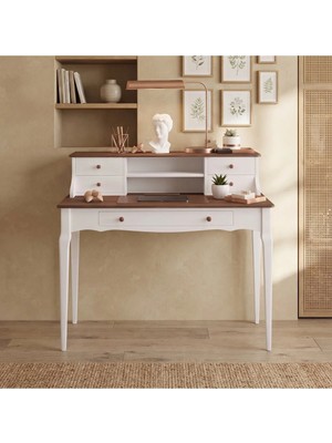 Wooding Mobilya 110 cm 5 Çekmeceli Beyaz Ceviz Raflı Konik Masif Çalışma Masası