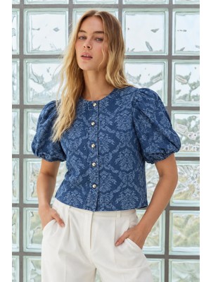 Asfaha Fashion Kadın Mavi Desenli Denim Balon Kol Düğmeli Kot Gömlek / Bluz