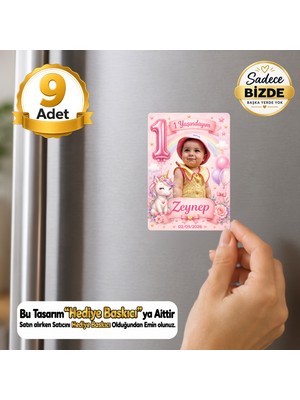 Hediye Baskıcı Unicorn Temalı 1 Yaş Fotoğraflı Dikey 9 Adet Buzdolabı Magneti (6x9 Cm)