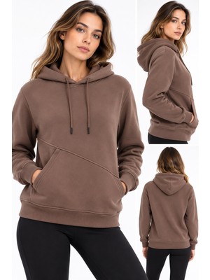 Machi Kadın Yandan Cepli Sweatshirt 3 Iplik ( Yumuşacık Puf Kumaş ) Kışlık Füme Gri Kahverengi Siyah Taş