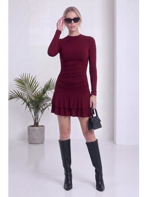 thezkscom Kadın Uzun Kollu Fırfırlı Mini Elbise Şık Günlük Fit Siyah, Kahverengi, Kırmızı, Bordo