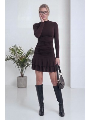 thezkscom Kadın Uzun Kollu Fırfırlı Mini Elbise Şık Günlük Fit Siyah, Kahverengi, Kırmızı, Bordo