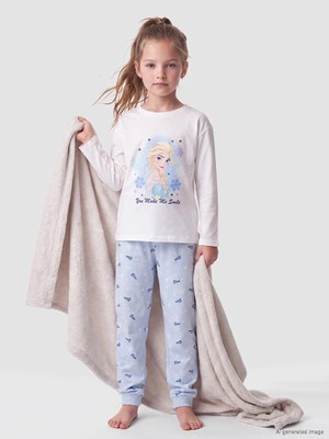 Lc Waikiki Yeni Sezon Ekru Frozen Lisanslı Bisiklet Yaka Kız Çocuk Pijama Takım