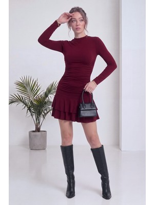 The ZKS Kadın Fırfırlı Detaylı Uzun Kollu Mini Elbise Siyah, Kahverengi, Kırmızı, Bordo
