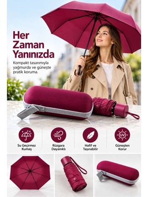 Birsence Yağmur ve Güneşe Karşı Pratik Koruma Sağlayan Hafif Bordo Kapsül Şemsiye Taşınabilir Tasarım