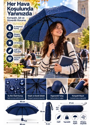 Birsence Şık ve Kompakt Lacivert Kapsül Şemsiye Yağmur ve Güneşe Karşı Koruma