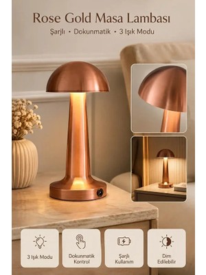 Rosemor Şarjlı Kablosuz Dokunmatik LED Masa Lambası 3 Renk Işık Modlu Kablosuz Type-C Modern  Tasarım