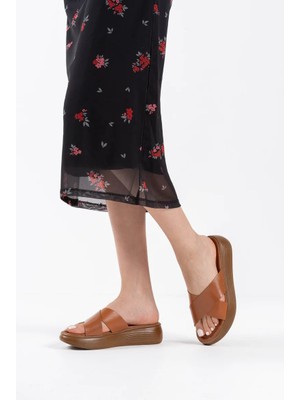 Alfaze Taba Hakiki Deri Çapraz Bantlı Rahat Günlük Kalın Taban Terlik Topuk Boyu 5 cm
