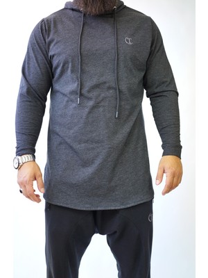 Takvame Erkek Uzun Kesim Kapüşonlu Sweatshirt – Rahat Kalıp (Siyah & Antrasit)