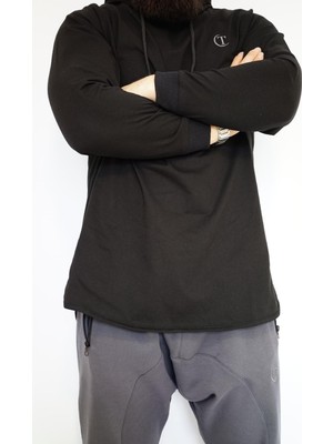 Takvame Erkek Uzun Kesim Kapüşonlu Sweatshirt – Rahat Kalıp (Siyah & Antrasit)