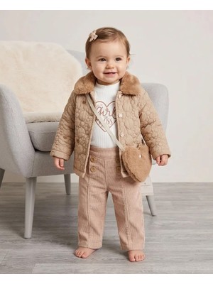 Canoz 4'lü Kapitone Çiçekli Kız Bebek Takım 6-9 Ay 9-12 Ay 12-18 Ay Yenidoğan Bebek Takım Çeket+Uzun Kollu Çıtçıtlıı Body+Pantolon+Çanta  Kız Bebek Takım