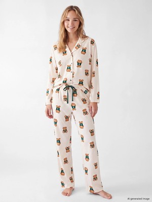 Lc Waikiki Yeni Sezon Pembe Gömlek Yaka Baskılı Kadın Pijama Takımı