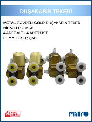 Glassmakro Duşakabin Tekerleği 8'li Cam Kabin Tekeri Rulmanlı Gold Metal Gövdeli Bilyalı Çift Tekerlekli