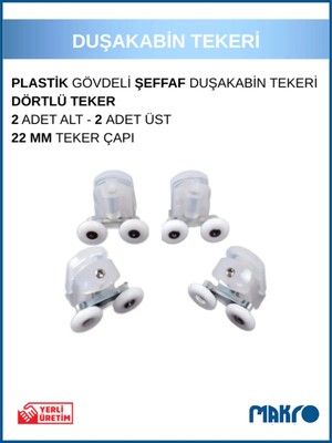 Glassmakro Duşakabin Tekerleği 4'lü Cam Kabin Tekeri Rulman Şeffaf Plastik Gövdeli Bilyalı Çift Tekerlekli
