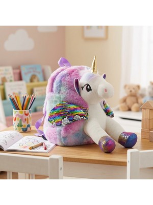 Taros Sevimli Peluş Unicorn Çocuk Sırt Çantası - Kanatlı  Renkli Anaokulu & Kreş Çantası