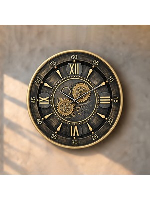 Yağmur Sanat Evi 60 cm Hareketli Çarklı, Lyon Pirinç Eskitme, Metal Kasa ,önü Camlı Duvar Saati
