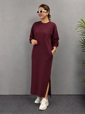 Trend Metkar Kadın Uzun Kollu Bisiklet Yaka  Cep Detaylı Iki Yandan Yırtmaçlı Uzun Viskon Iki Iplik Elbise