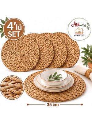 Aşkana 4’lü El Yapımı Kalın Örme Bambu Hasır Supla 35 cm – %100 Doğal Amerikan Servis Tabak Altlığı Dekoratif Jüt Sofra Sunum Seti
