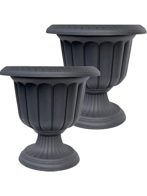 2 Adet Plastik Ayaklı Saksı Seti 6 Lt Iç ve Dış Mekan Çiçek Saksısı 30X29 cm Antrasit Gri
