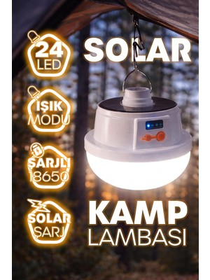AyrStore Şarjlı Solarlı Kamp Lambası 5 Modlu Orta-Yüksek Işık Sos Askılı Işıldak Kamp El Feneri 47
