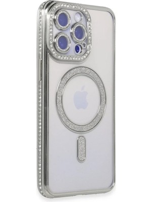 Apple iPhone 15 Pro Max Kılıf Joke Simli Magneticsafe Kılıf - Gümüş