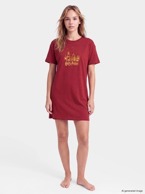 Lc Waikiki Yeni Sezon Bordo Harry Potter Baskılı Kadın Gecelik