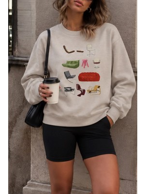 Monila Kadın Premium Kumaş 3 Iplik Sandalye Yazı Baskılı Sweatshirt
