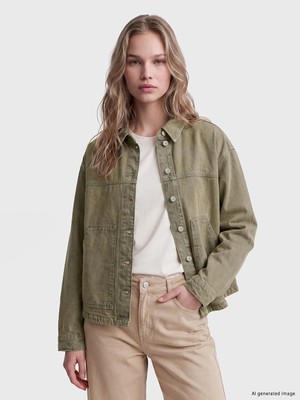 Lc Waikiki Yeni Sezon Yeşil Gömlek Yaka Oversize Kadın Jean Ceket