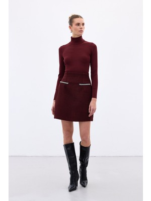 Sateen Aksesuar Detaylı Tüvit Etek - Bordo