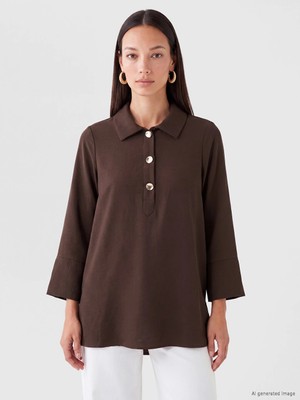 Lc Waikiki Yeni Sezon Kahverengi Gömlek Yaka Oversize Kadın Tunik