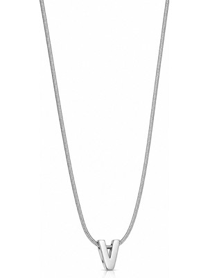 Bilfa Kadın Silver V Harfli Yılan Zincir Kolye - Minimalist Çelik Gümüş Rengi Kişiselleştirilmiş Takı