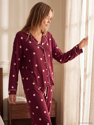 Lc Waikiki Yeni Sezon Bordo Gömlek Yaka Puantiyeli Kadın Pijama Takım