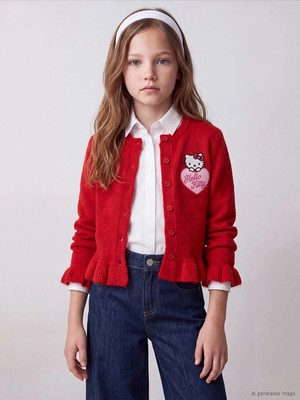 Lc Waikiki Yeni Sezon Kırmızı Hello Kitty Nakışlı Kız Çocuk Triko Hırka