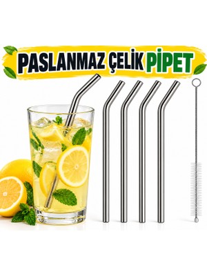 Cina Max Paslanmaz Çelik Pipet Seti 5 Parça Metal Meşrubat Pipeti ve Pipet Temizleme Fırçası