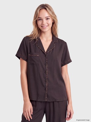 Lc Waikiki Yeni Sezon Kahverengi Gömlek Yaka Saten Kadın Pijama Takım