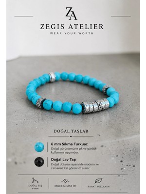 6 mm Sıkma Turkuaz ve Doğal Lav Taşı Bileklik