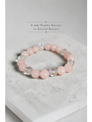 8 mm Pembe Kuvars ve Termal Buzlu Kuvars Doğal Taş Bileklik - Kadın Bileklik Tasarımı