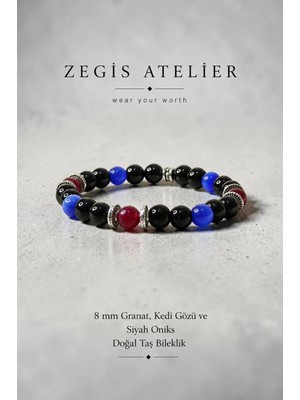 Lal ve Kedi Gözü Taşı Detaylı Siyah Oniks Doğal Taş Bileklik