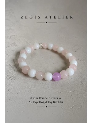 8 mm Pembe Kuvars ve Ay Taşı Doğal Taş Bileklik