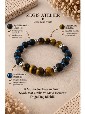 Kaplan Gözü Mat Oniks ve Hematit Doğal Taş Bileklik - Unisex Bileklik
