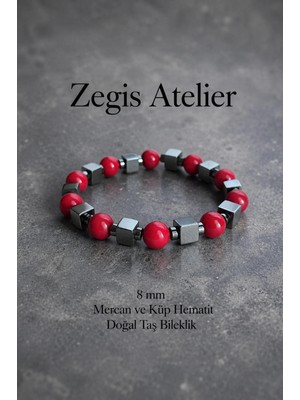 8 mm Mercan ve Küp Hematit Doğal Taş Bileklik - Unisex Bileklik Tasarımı