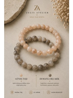8 mm Güneş Taşı ve Dumanlı Bej Akik Doğal Taş Bileklik