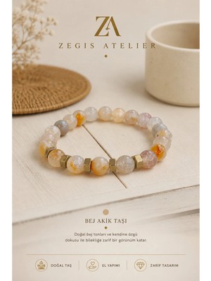 8 mm Bej Akik Taşı Doğal Taş Bileklik- Kadın Doğaltaş Bileklik