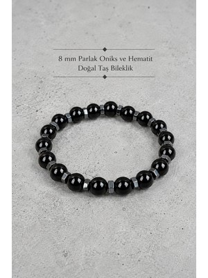 8 mm Siyah Oniks ve Hematit Doğal Taş Bileklik