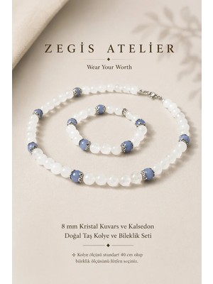 8 mm Kristal Kuvars ve Kalsedon Doğal Taş Kolye ve Bileklik Seti