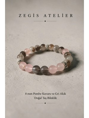Pembe Kuvars ve Gri Akik Doğal Taş Bileklik Tasarımı - Kadın Bileklik Tasarımı